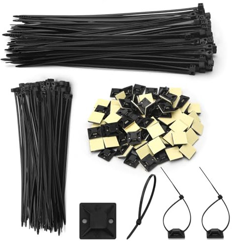 HENGBIRD 200 Stk Kabelbinder Schwarz und 100 Kabelhalter Selbstklebend, 120mm/150mm Kabelbinder Halter UV Beständig Selbstklebende Kabelhalter Kabelbinderhalter Nylon Klebesockel für Kabelbefestigung