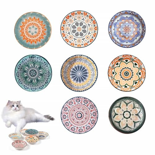 Cat & Dog Food Bowl Cat Feeding Bowls Ceramic Pet Shallow Dishes | 5.5'' 8 Colorful Boho Style Cat Water Dish, 8.5 oz Porcelain Tapas Dish Snack Bowls Dipping Bowls for Kitten, Puppies