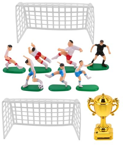 TOYANDONA 1 Set Mini Football Goals for Cake, Plastic Football Cake Decorations for Boys - Miniature Dollhose Toy with 7 Players Figures 1 Trophy 2 Net - Sports Theme Birthday Party Supplies for Kids