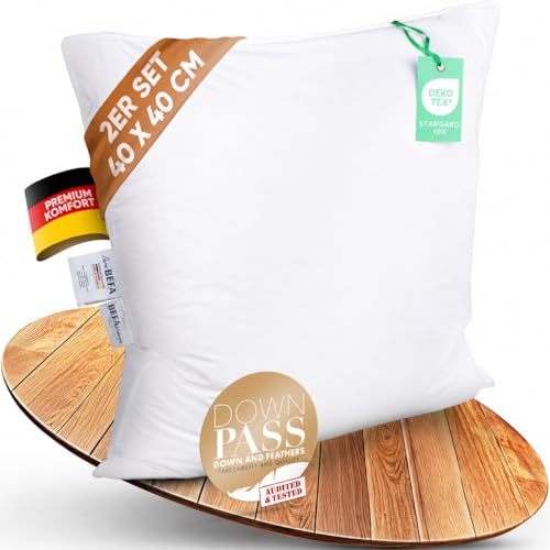 BEFA NATUR Daunenkissen 40x40 cm (2 Stück) | 3-Kammer Kopfkissen | 90% Daunen & 10% Federkissen | je 350g Füllgewicht | Allergiker (NOMITE) | Tierwohl (DOWNPASS) | Oeko-TEX Klasse 1 | Made in Germany