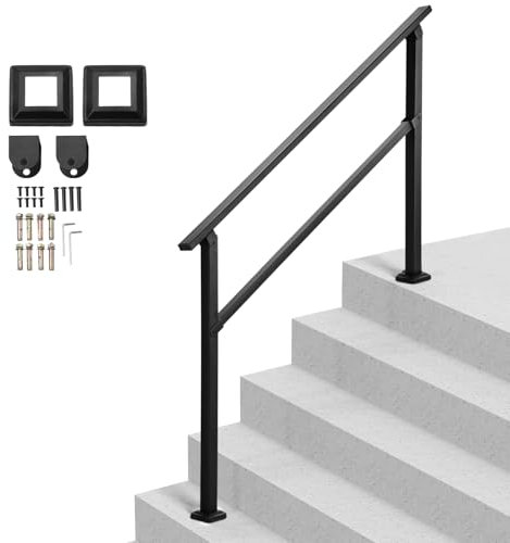 VEVOR Outdoor Handrails for Steps, 4-5 Step Stair Rail Kit, Black Square Tube with Horizontal Bar, Carbon Steel Support Rails for Seniors, Concrete & Deck Stairs, Easy Installation