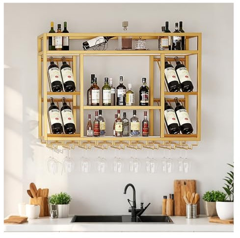 ZYYLIVR Weinregal Zur Wandmontage, Weinregal Wand, Flaschenregal Mit Glashalter, Bar Regal Wand, Weinflaschenhalter, Hängeregale Für Küche Heimbar(Gold,120 * 25 * 70cm)