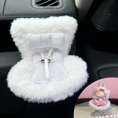 Puppen-Autositz, Stuhl mit weichem pelzigem Kissen für 17 cm große Puppe, Autositz-Entlüftungsclip mit Sitzbein für Desktop-Display, Dekoration für Fans und Sammler (Weiß)