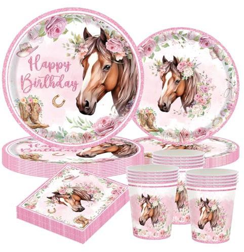 Pferd Partygeschirr Set für 10 Gäste – Pferde Geburtstag Deko Kinder mit Pappteller 9/7, Tassen, Servietten – Party Einweggeschirr für Mädchen Jungen Partyzubehör Dekoration Kindergeburtstag