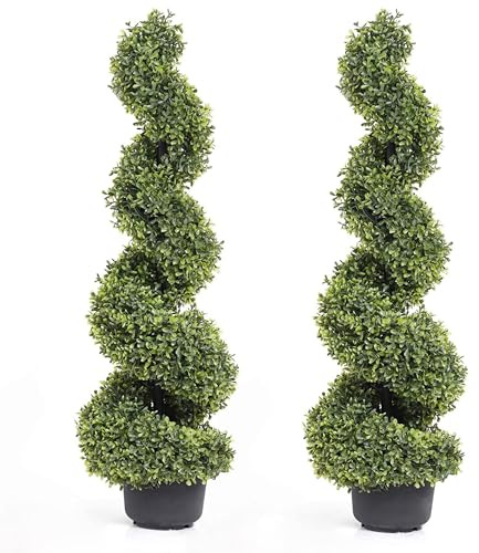 momoplant Pair of 3FT Artificial Spiral Trees Faux 90cm Topiary Boxwood Plants in Pot Realistic Twist Tree for Front Door Outdoor Garden Office Home