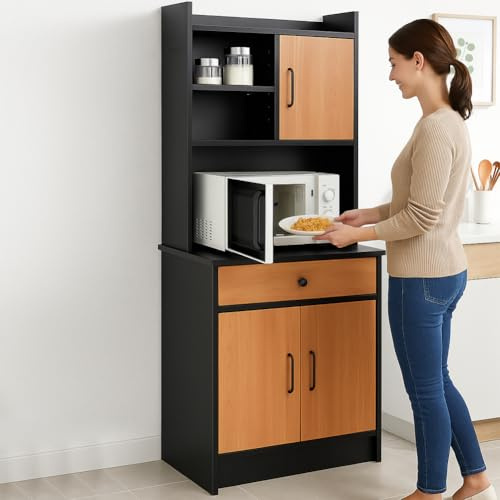 BAKAJI Armadio da Cucina Alto Multiuso, Credenza Mobile da Soggiorno, Sala da Pranzo, Salvaspazio, Sistema di Sicurezza, Mobiletto Dispensa con 2 Ante e 1 Cassetto, 55 x 40 x 180 cm (Nero e Quercia)