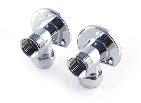 TC Shower Wallplate Elbow 15mm x 3/4'' Pair - Chrome Exposed Wall Plate Shower Fixing for Thermostatic Shower Bars Complete with 15mm Compression Nut and Olive for Chrome Pipe