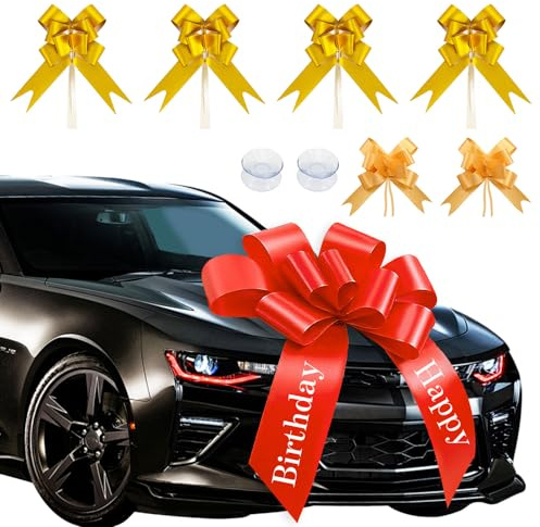 ZOCONE Rot Autoschleife Große Geschenkschleife Geburtstag Rote Schleife Geschenk Auto mit Gold Kleine Schleifen und Saugnapf, Happy Birthday Schleife Auto Geschenk Deco