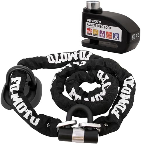 FD-MOTO 2.0M Chain Pad Lock & Motorbike Ground Anchor & Black Alarm Brake Disc Lock