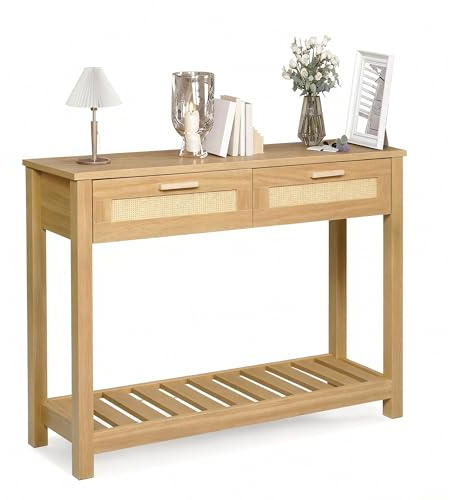 GRAVFORCE Konsolentisch schmal Console Table mit 2 Schublade, offene Ablage, Beistelltisch mit Kippschutz Flur Möbel, Sofatisch für Eingang, Wohnzimmer, Rattan