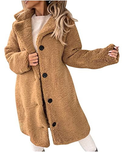 Guhmomh Teddyjacke Damen Lang Fleecejacke Teddy Trenchcoat Wintermantel Knöpfe Kuscheljacke Flauschig Mantel Winter Sherpa Jacke Einfarbige Plüschjacke Outdoorjacke Winterjacke Fleecemantel Braun L