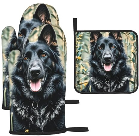 Oven Mitts and Pot Holders Sets of 3 Heat Resistant Kitchen Gloves Black german shepherd dog Oven Mitts BBQ Gloves Oven Gloves and Hot Pads Non-Slip Potholders for Kitchen Baking Cooking