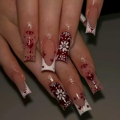 Auroriel 24 Stk Press On Nails Extra Lang Quadratisch Rot Weiß French Tip mit Herzchen Retro Blüten Design Glanz Kunstnägel Set für Damen Mädchen Weihnachts Halloween