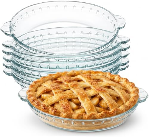 Kaxtde 6 Pack Large Glass Pie Dishes Bulk, 23 cm Round Pie Plates for Oven, Clear Baking Dishes with Handle for Flan Cake Serving Snacks Salads Desserts