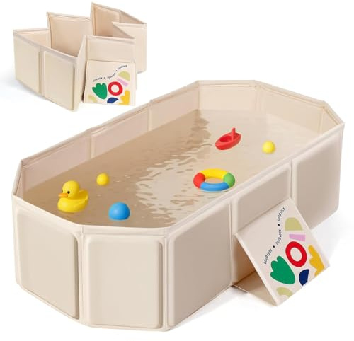 Vasca da Bagno Pieghevole per Bambini con 5 Palline, 2 Anatre, Multiuso e Salvaspazio, Adatta da 0 a 8 Anni, Vaschetta Bagnetto Neonato Pieghevole con Tappo di Scolo, 75 x 45 x 25 cm