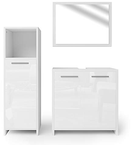 Vicco Badmöbel-Set Weiß Hochglanz/Weiß Kiko, bestehend aus Bad Spiegelschrank, Waschbeckenunterschrank, Midischrank - Platz für Pflege- und Badutensilien