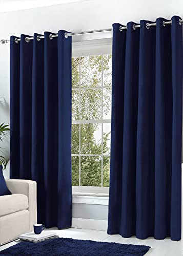 Hachette Thermal Blackout Curtains Eyelet Ring Top Including Pair of Tiebacks (Navy Blue, 90 X 90)