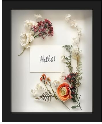 FrameWorks 8” x 10” Black Wooden Shadow Box Frame – Display Case with Soft Felt Back, Memory Box with Tempered Glass, Display Box with Elegant White Ball Push Pins, Wooden Flower Box