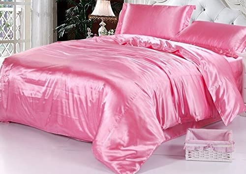 Bedify Bedding 100% Pure Silk Satin Duvet Set with 2 Pillowcases Wrinkle Free Fade Resistant One Silk Satin Duvet Cover | Two Pillowcases | Cool Soft Silk Duvet Set (Rose Pink, Full/Queen)