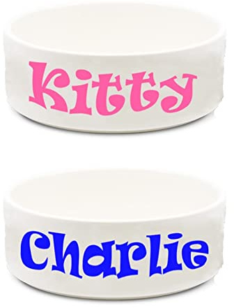 Personalised Cat Bowl water/food pet name ceramic dish rabbit small dog Pink Blue or black text