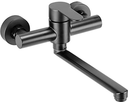 Grifo de Cocina de Pared, Grifos Cocina Pared Giratorio 360° con 23cm Caño Largo Giratorio, Frío y Calor Regulables, 304 Acero Inoxidable, Negro