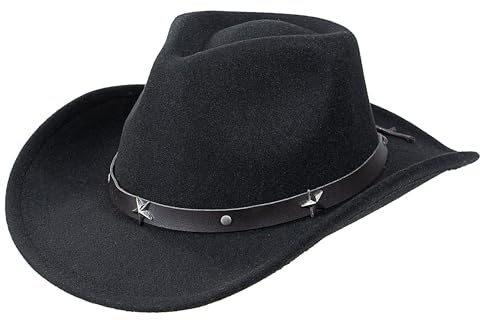 Eohak Western-Cowboyhut für Damen, mit Nieten, breite Krempe, Fedora-Hut mit Gürtelschnalle, Größe M/L, blackstar, Medium