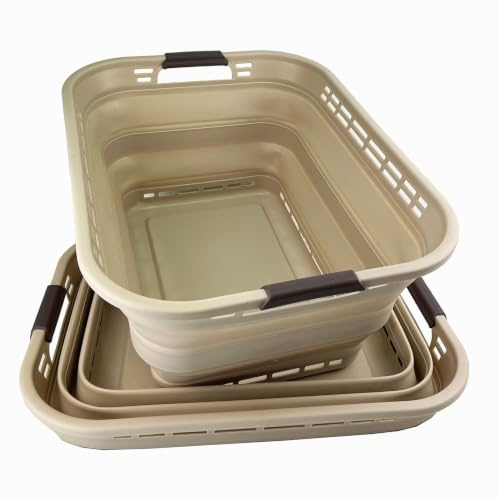 SAMMART 42L zusammenklappbarer Wäschekorb aus Kunststoff – faltbarer Pop-Up-Aufbewahrungsbehälter/Organizer – tragbare Waschwanne – platzsparender Korb/Korb (Aprikose/Braun (2er-Set))
