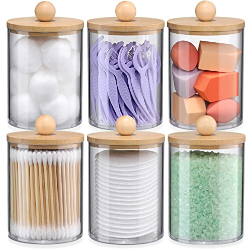 6-Pack Bamboo Qtip Holders - Bathroom Storage for Cotton Balls, Swabs, Pads, Floss