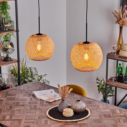 HOFSTEIN Hängeleuchte Bauro, Hängelampe aus Metall/Bambus in Schwarz/Natur, Pendelleuchte im Boho/skandinavischen Desgin mit Lichteffekt, Ø 25 cm, 2xE27, Höhe max. 146 cm, Esszimmer, Küche, Wohnzimmer