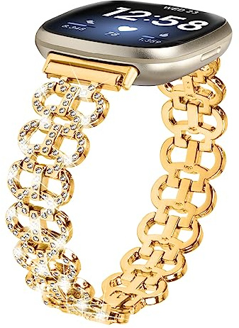 Miimall Armbänder Kompatibel mit Fitbit Versa 4 Armband, Legierung Metall Glitzer Strass Diamant Damen Ersatzarmband für Fitbit Versa 4/Fitbit Sense 2 -Gold