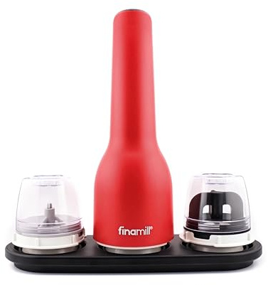 Un broyeur rechargeable FINAMILL (noir minuit) avec un FINAPOD Max, deux FINAPOD PRO Plus et un plateau trio noir (Sangria)