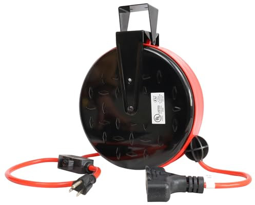 GreenProsper 30 Ft Retractable Extension Cord Reel, 16/3 SJTW Power Cord with 3 Electrical Outlets, Ceiling or Wall Mount, 10 Amp Circuit Breaker, Metal Plate, UL Listed, Red