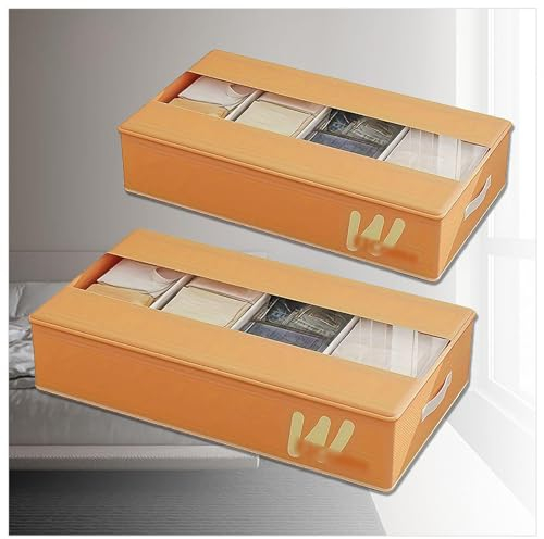 Unterbettkommoden Faltbar mit 5 Verstellbaren Trennwänden , Unterbett Aufbewahrungsbox mit transparenter Deckel , Unterbett Aufbewahrung Unterbett-Organizer Für Kinder Und Erwachsene ,Orange-2Pcs