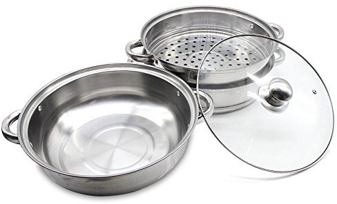ANSNOW Olla Vaporera de Acero Inoxidable con Tapa de Vidrio, 27 Cm, Vaporera Apilable de Acero Inoxidable de 3 Niveles, para Porciones Pequeñas O Hogares Individuales