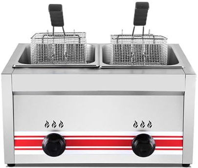 Beachtiful Kommerzielle Gas Fritteuse, Propan Fritteuse mit 2 Edelstahlkörben und Deckelabdeckungen, 20 l, mit Regulierknöpfen für Zuhause und Restaurants