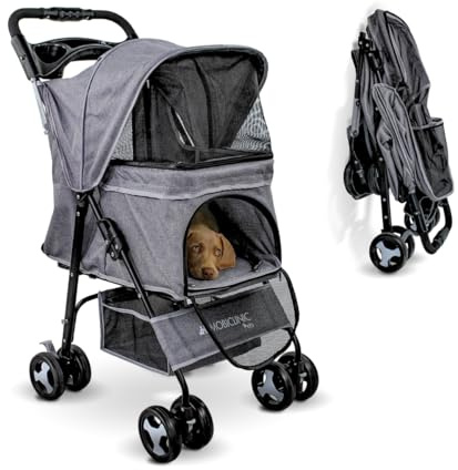 Mobiclinic® pets, Passeggino per cani, Ideale di piccola taglia e anziani, Zuma, Fino a 15 kg, Ruote con freni 360°, Cestino xxl, 3 finestre cerniera zanzariera, Portabicchieri