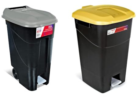Tayg 80P Poubelle Noir/gris 80 l & Poubelle de 60 litres avec pédale, base noire et couvercle jaune, plastique
