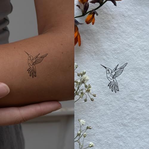 One Line Kolibri - Inkster Tattoo | vegane & wasserfeste Temporäre Tattoos für Erwachsene - EU-Kosmetikzertifizierte Farbe - revolutionäres 2 Wochen Tattoo | Premium Klebetattoos