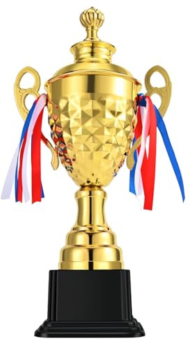 Flexzion Trophy Award - Large Trophy Cup with Gold Finish for Winner Recognition, Sports Competitions, Tournaments, Parties, Champion Display with Black Base and Ribbon