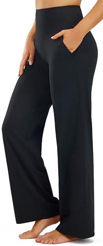 Persit Yogahose Damen Legging mit Taschen Schlaghose High Waist Sporthose Flared Leggings Bootcut Jogginghose Jazzpants Schwarz 79cm XL