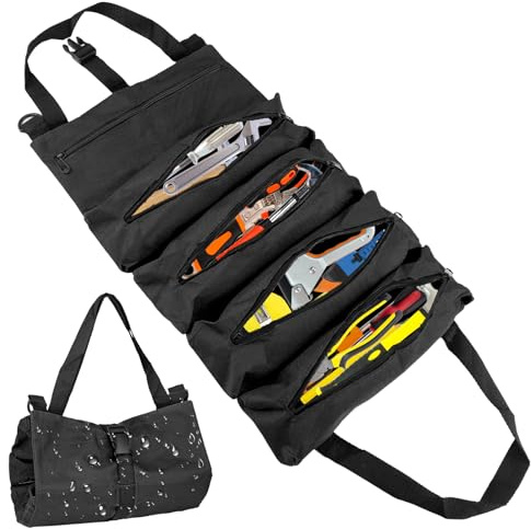 Deepton Werkzeug Rolltasche Klein, Werkzeugtasche Leer mit 5 Reißverschlusstaschen, Canvas Schraubenschlüssel Werkzeugtasche (Schwarz)