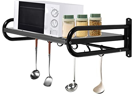 MEHOOSPVN Wall Mount Microwave Oven Shelf Rack Microwave Oven Shelf Carbon Steel Wall Shelf Metal Shelving Heavy Duty Commercial Or Household Grade Wall Mount, with 6 Hooks for Kitchen Home