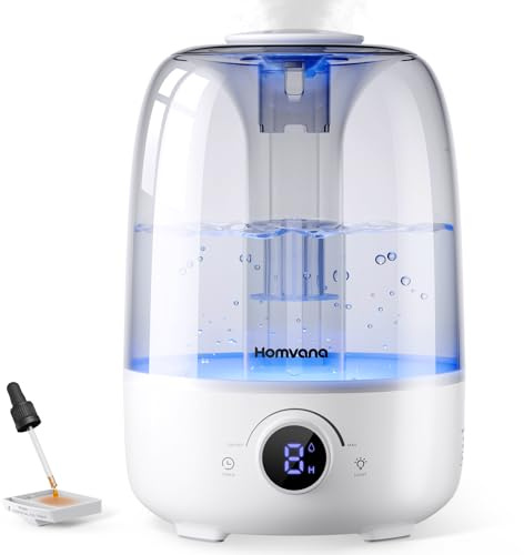 Homvana 4L Luftbefeuchter Schlafzimmer, Ruhig 25dB, Top-Fill, Cool Mist | Raumbefeuchter 40H Runtime, Diffuser, Luftbefeuchter Kinderzimmer, Pflanzen, Baby, BPA Free, Aroma (Weiß)