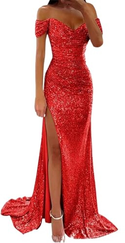 Robe de soirée à paillettes sexy pour femme - Épaules dénudées - Robe à paillettes taille haute - Robe de soirée fente latérale - Robe longue - Robe de soirée - Robe maxi élégante - Col en V - Robe de