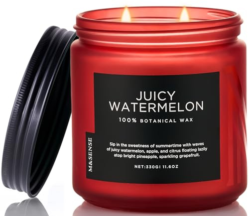 M&SENSE Candele Profumate Anguria Succosa Estiva, candela profumata fruttata 330g (fino a 70 ore), 2 stoppini atmosfera rinfrescante, candele decorative regalo casa per donne/uomini