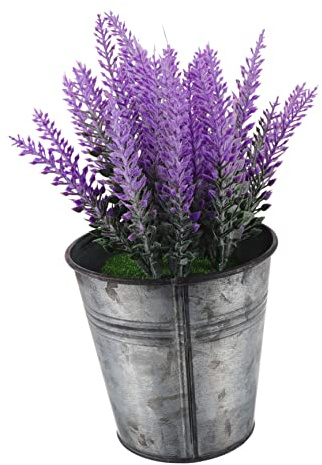Happyyami Lavender Artificial Potted Plant for Home Office Desk Decor Faux Bonsai Flower in Metal Bucket Simulated Decorative Flowers for Wedding Centerpieces