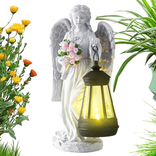 Solar Angel Figures for Outdoor Use, Decorative Resin Decoration for Outdoor Use with Playful Design - Memorial Angel with Flowers Statue for Garden Path Front Garden Patio Grave Patio Grave Place