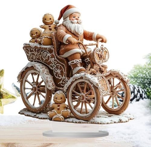 Qkbuza Estatua de Papá Noel, Estatuilla de Papá Noel | Escultura acrílica 2D de Montando Trineo con Hombre de Jengibre | Figura Coleccionable con Soporte para decoración del hogar en