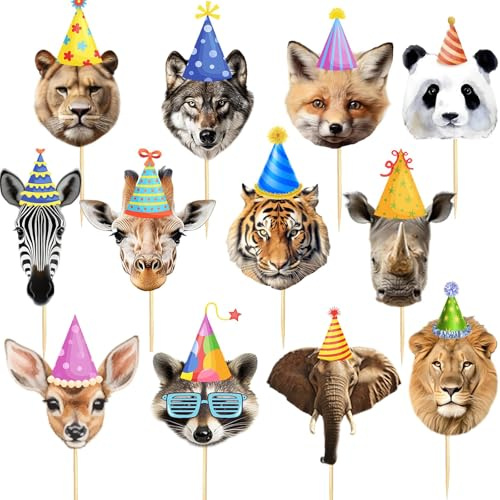Nymora Jungle Theme Party Decorations - 24 Animal Cupcake Toppers for Jungle Birthday Decorations, Wild Zoo Theme Party Supplies
