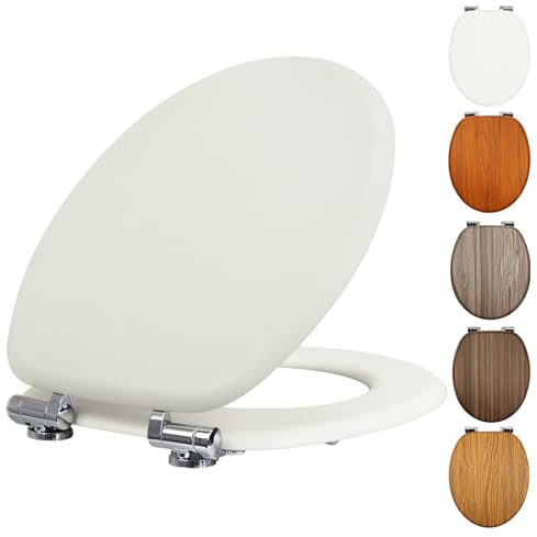 Fanmitrk WC-Sitz mit Absenkautomatik, MDF in Elfenbein-Lederstruktur-Optik (PVC), Verstellbare Scharniere, Befestigung von unten, Robust & Pflegeleicht, Oval 43,5 x 37,3 x 5,5 cm